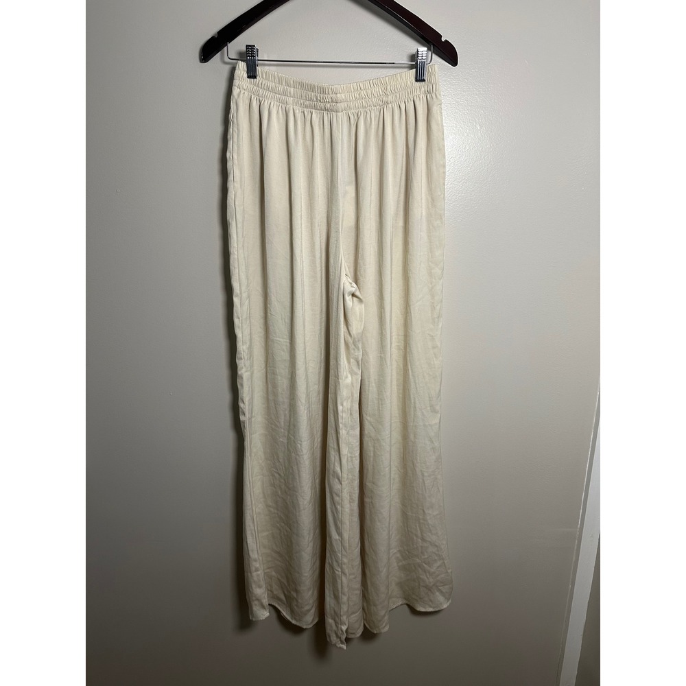 Miou Muse Wide Leg Palazzo Pants Women Large Cream NWT Flowy Breezy Satin Chic
